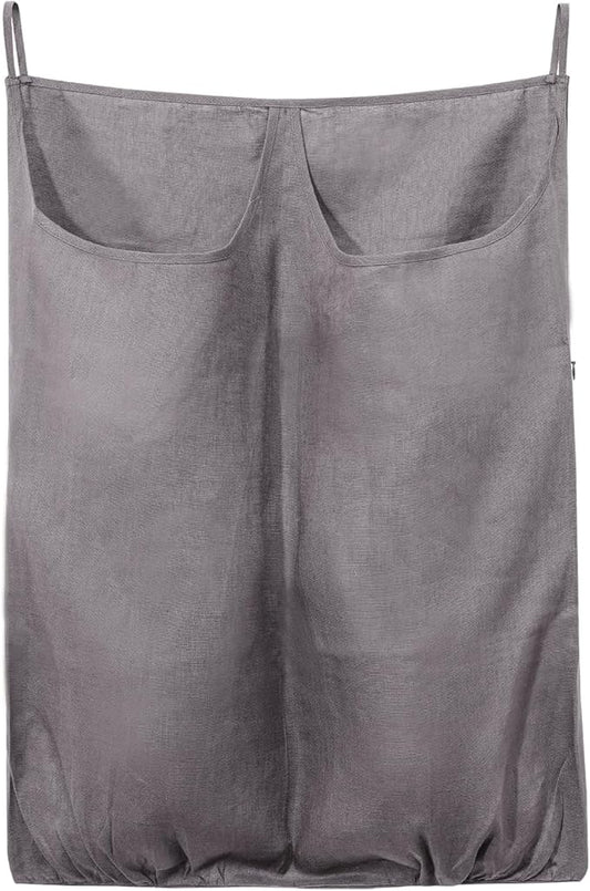 100% Pure Linen Dual Hanging Laundry Bag with 2 Deep Pocket and 2 Side Zipper 20x27in, Over The Door Laundry Hamper Space Saving Hampers for Dirty Clothes Home Travel, Grey-Ruum Studio Home