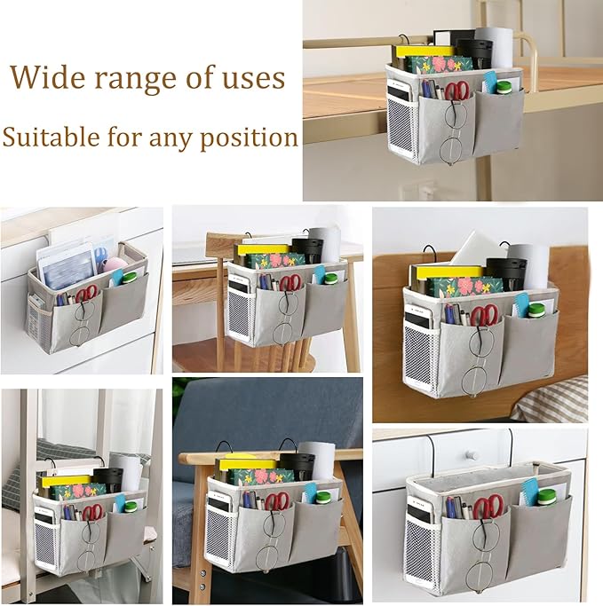2-Pack Bedside Caddy, Bedside Hanging Storage Organizer for College Dorm Beds, Bunk Beds and Hospital Beds Rails, The Hanging Basket Can be Placed Magazine, Books, Phones,kettle, Glasses (Grey)-Ruum Studio Home