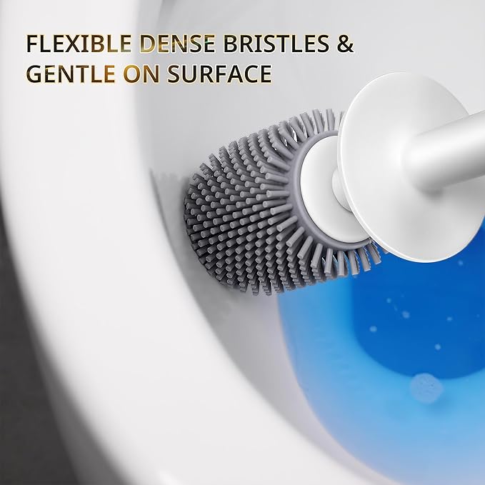 Silicone Toilet Brush and Holder Set with L-Shaped Brush Head, Wall Mounted Toilet Brush Set with Long Non-Slip Handles, Compact Toilet Bowl Cleaner Brush Suitable for RV Trailers & Bathroom (1 Pack)-Ruum Studio Home