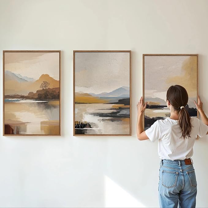 Tinonedraw Beige Mountain Landscape Framed Canvas Wall Art, Abstract Mid Century Modern Wall Decor, Golden Hour Lake Artwork, Neutral Nature Scenery Art Printing for Living Room Bedroom Office 16"x24"x3-Ruum Studio Home