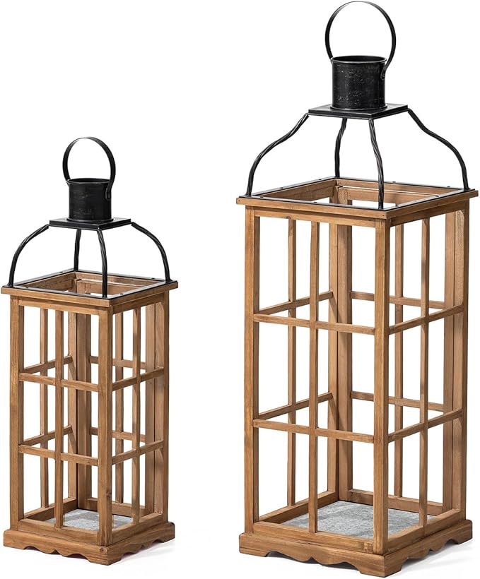 Glitzhome Set of 2 Oversized Farmhouse Wood Lanterns with Metal Top Decorative Hanging Candle Lanterns for Home Décor, Natural (No Glass)-Ruum Studio Home