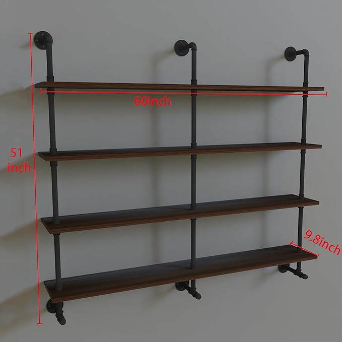 Industrial Pipe Wall Shelves Pipe Shelving with Real Wood Plank,60 Inches Floating Shelves for Wall Farmhouse Pipe Book Shelves Dark Brown 4 Tier for Kitchen,Living Room Decor and Bar Shelving-Ruum Studio Home