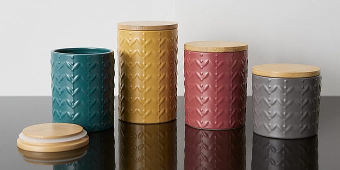 DII Kitchen Accessories Collection, Textured Matte Ceramic Canister Set, Honey Gold, Vine, 3 Piece