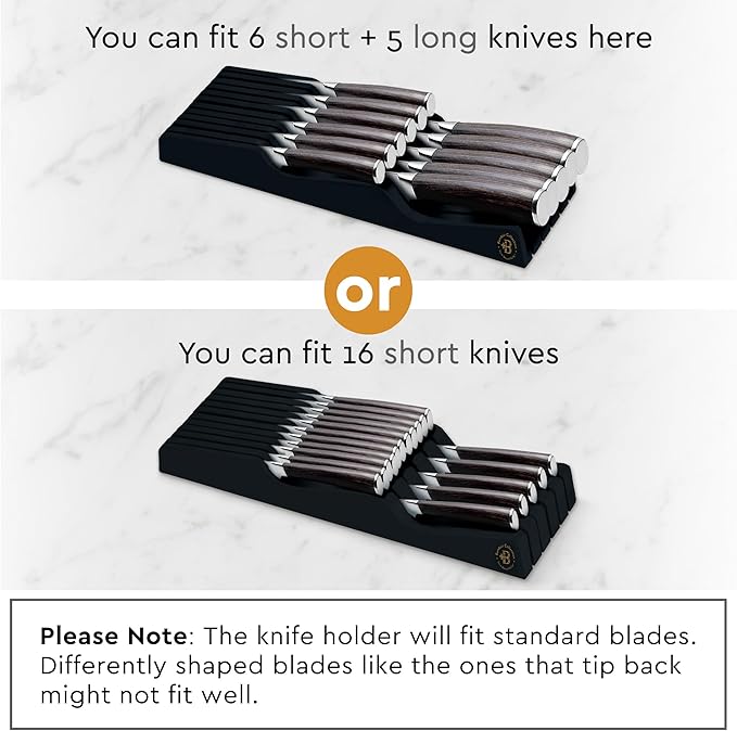 In-Drawer Knife Block - Bamboo Knife Drawer Organizer for Kitchen - Fits 5 Long + 6 Short Knives | Store Knives with Blades Pointing Down - Wooden Steak knife Holder without Knives (Black)-Ruum Studio Home