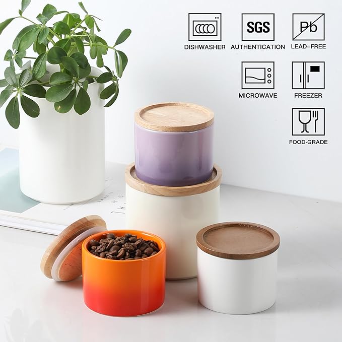 Sweejar Kitchen Canisters Ceramic Food Storage Jar, Stackable Containers with Airtight Seal Wooden Lid for Serving Ground Coffee, Tea, Sugar, Spice and More - 5 Fl Oz(Gradient Orange)-Ruum Studio Home