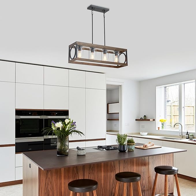 XINGQI Rectangle Chandeliers 31.5" Farmhouse Kitchen Island Lighting Fixture Over Table Modern Vintage Linear Hanging 4-Light for Dining Room Living Room Black Wood Grain Finish with Glass Lampshade-Ruum Studio Home