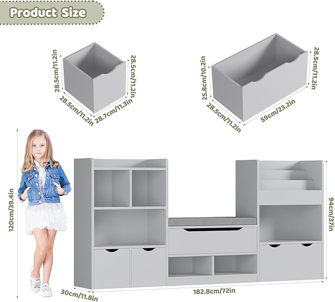 FOTOSOK 72” Kids Bookshelf with Reading Nook, Large Toy Storage Organizer with Seat Cushion and 3 Movable Drawers, Kids Reading Nook Toy Organizers and Storage with Bench for Living Room, Grey-Ruum Studio Home
