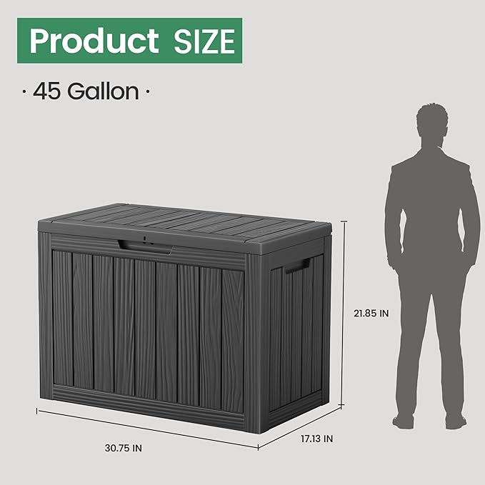 45 Outdoor Storage Box, Waterproof Resin Deck Box with Side Handles, Lockable Outdoor Bench for Indoor & Outdoor Use, Storage Bin for Patio Cushions, Garden Tools, Package Delivery, Black-Ruum Studio Home