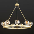 Gold Wagon Wheel Chandelier, 36 Inch Brass Chandeliers with Unique Glass Shade, 9-Light Crystal Farmhouse Wagon Wheel Chandeliers for Dining Room, Round Chandelier for Living Room, Foyer, Entryway-Ruum Studio Home