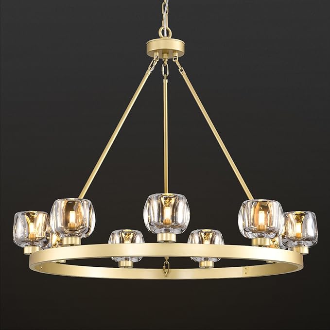 Gold Wagon Wheel Chandelier, 36 Inch Brass Chandeliers with Unique Glass Shade, 9-Light Crystal Farmhouse Wagon Wheel Chandeliers for Dining Room, Round Chandelier for Living Room, Foyer, Entryway-Ruum Studio Home