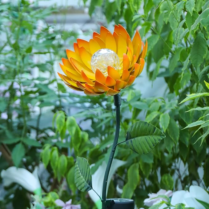 VCUTEKA Solar Garden Lights Metal Flower Decor Colorful Yellow Flowers Solar Pathway Light with LED Cracked Crystal Ball Outdoor Decorative Stake for Patio Yard Lawn-Ruum Studio Home