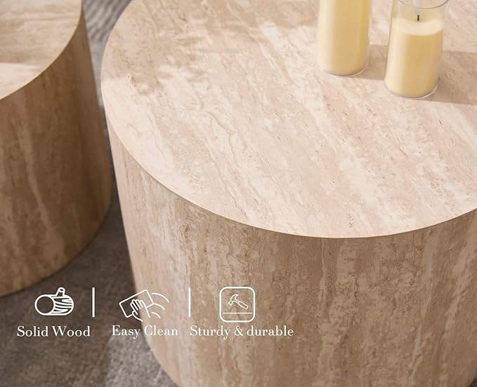 CIMOTA Round Wood Nesting Coffee Table Set of 2, Modern Circle Travertine End Side Table Sets for Living Room, Light Wooden Color/No Assembling-Ruum Studio Home
