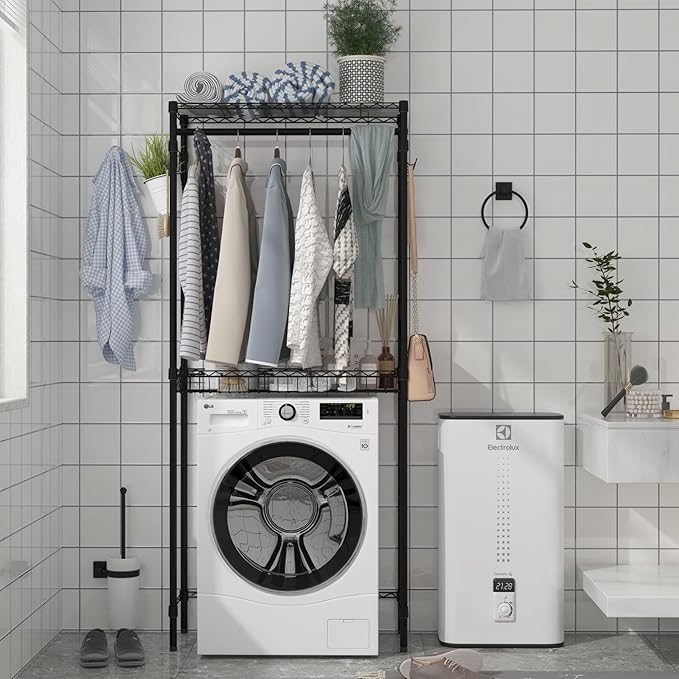 Xiofio Washer and Dryer Storage Shelf,Clothes Drying Rack,2 Tier Adjustable Height Storage Wire Basket with 2 Side Hook Laundry Shelves Used for Bathroom, Bedroom,Balcony,Black-Ruum Studio Home