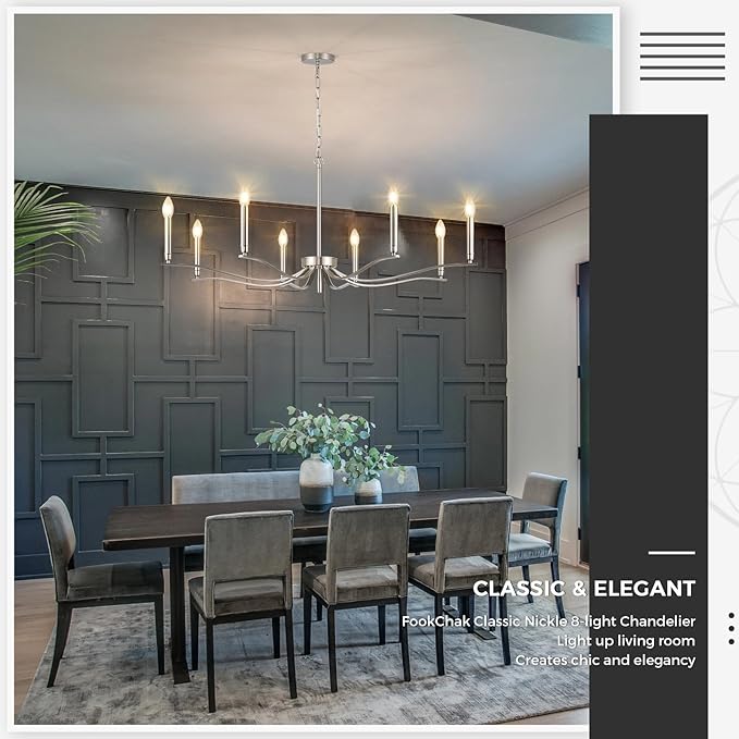 Nickel Chandeliers for Dining Room, 8-Light Chandelier Light Fixture Over Table Modern Candle Chandelier 44in Master Bedroom Chandeliers Lighting for Entry Foyer Bathtub Living Room-Ruum Studio Home