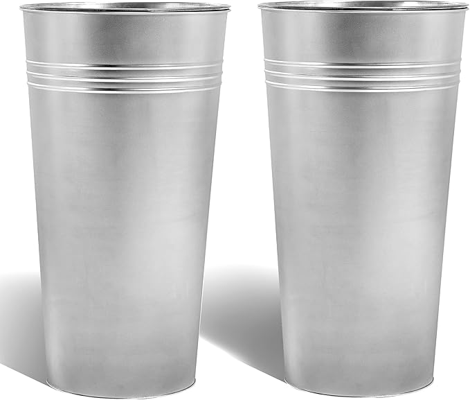 KOL 28'' Tall Galvanized Steel Planter Pot - Flower Pot with Water Level Indicator for Plants - 2-Pack Self Watering Planters - Round Silver Powder Metal Planter Box - Indoor Outdoor Grande Plant-Ruum Studio Home