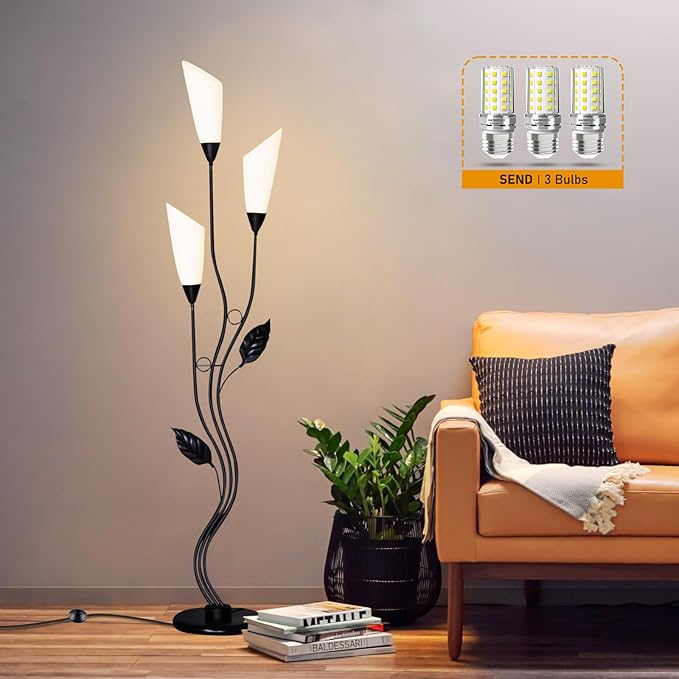 JBZ Flower Floor Lamp for Living Room, 62" Tall Pole Lamp with Foot Switch, with 3 Heads Dimmable LED Lamps for Farmhouse Rustic Bedroom Office, with Plug and 1200LM, 3 Color Temperatures E27-Ruum Studio Home
