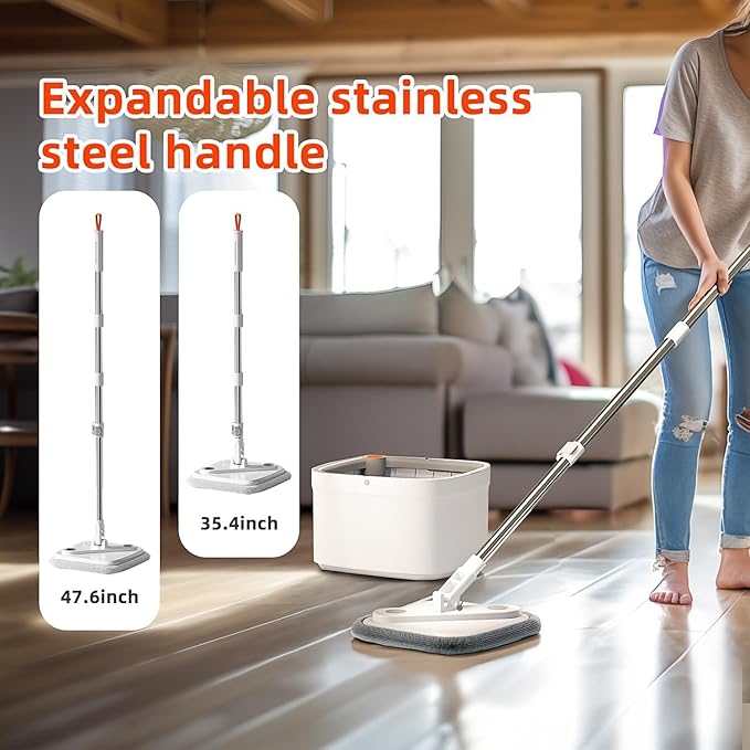 KZKR Spin Mop and Bucket Set with Self Separation Dirty and Clean Water System, Self Wringing 360° Rotating Square Mop Head for Home Floors Cleaning (1.0 Mop and Bucket Set (14 Pads))-Ruum Studio Home