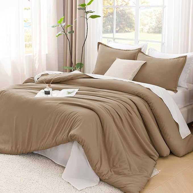 Litanika Taupe Comforter Set King Size, 3 Pieces Solid Bedding Comforter Set, All Season Fluffy Bed Set (104x90In Comforter & 2 Pillowcases)-Ruum Studio Home