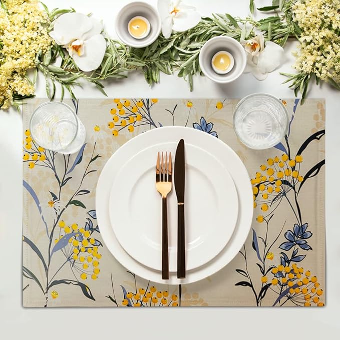Floral Placemats Set of 4 Vintage Floral Summer Flowers Yellow Placemats for Kitchen Table Linen Placemats Washable Non-Slip Heat Resistant Place Mats for Party Kitchen Dining Decorations 18x12 Inch-Ruum Studio Home