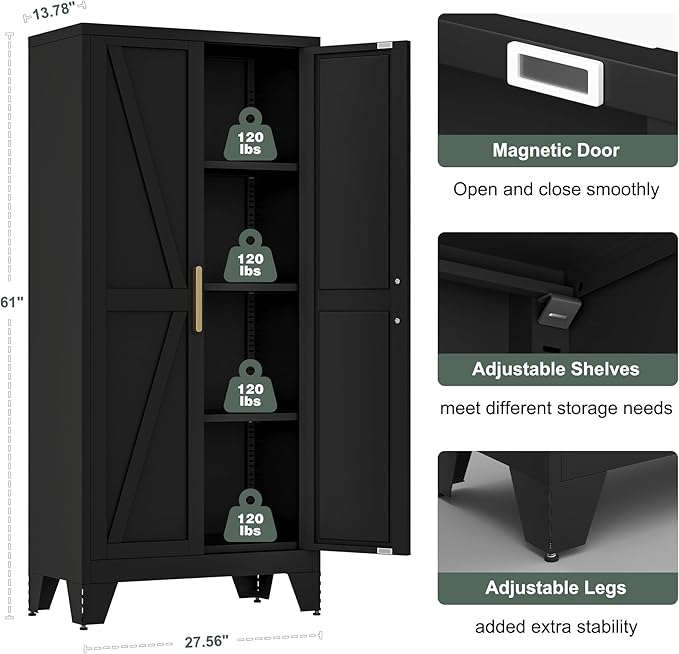 61" Tall Farmhouse Metal Pantry Cabinet, Kitchen Pantry Storage Cabinets with 2 Barn Door and Adjustable Shelves,Metal Pantry Storage Cabinet,for Kitchen,Laundry Room,Home Office,Kids Room (Black)-Ruum Studio Home