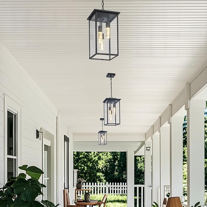 3-Color LED Outdoor Pendant Light with Remote, 3-Light 19" Large Outdoor Chandelier for Porch, Black Exterior Pendant Lighting Fixture Ceiling Mount Pendant Lantern for Patio Front Door-Ruum Studio Home