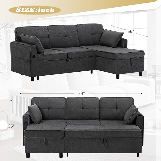 84 Inches Fabric Sectional Sofa w/Pull Out Sofa Bed & Adjustable Back, Tufted L Shaped Couch w/Storage Chaise, Sleeper Sectional Sofa w/USB Port & Cup Holders for Living Room, Grey-Ruum Studio Home