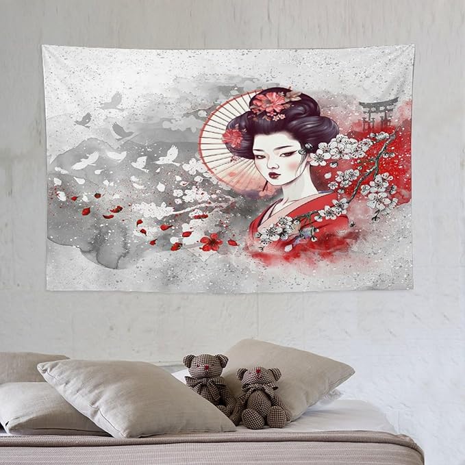 Japanese Geisha Tapestry Asian Red Cherry Blossom Traditional Kimono Folk Tapestries Home Decor for Living Room Bedroom Apartment Farmhouse Dorm 60"x40"-Ruum Studio Home