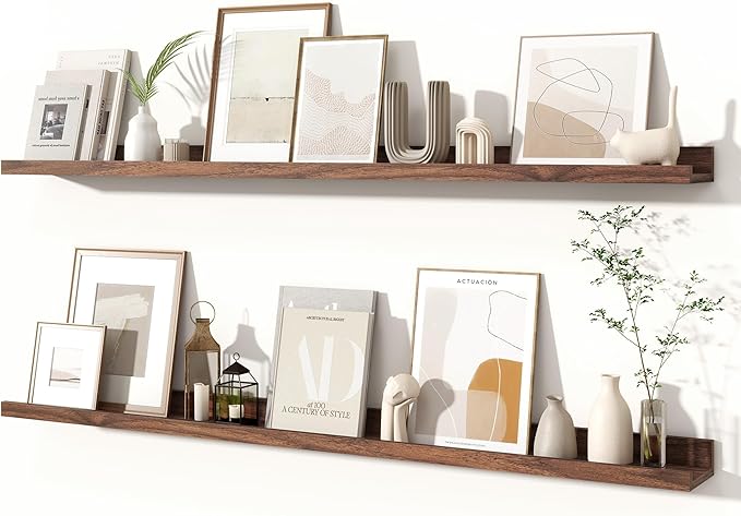 Fun Memories Picture Ledge Shelves Set of 2, 24 Inch Rustic Wall Mounted Floating Shelves with Lip for Home Storage and Décor in Bathroom, Kitchen, Nursery, Bedroom, Living Room, Walnut-Ruum Studio Home