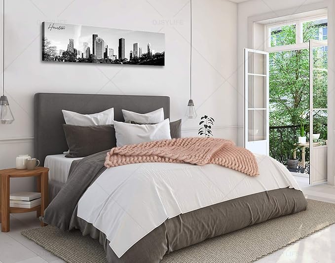 Black and White Wall Art Houston Skyline Canvas Print Picture Panoramic Cityscape Poster Decoration for Bedroom Office Home Decor Framed and Ready to Hang, 13.8"x47.3"-Ruum Studio Home