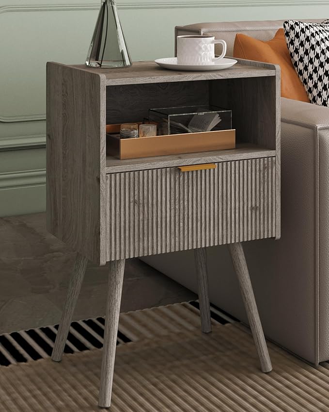 Nightstand,Modern Bedside Table with Storage Drawer and Open Wood Shelf, Accent Night Stand with Solid Wood Legs for Living Room, Bedroom and Small Spaces,Easy Assembly (Grey Oak)-Ruum Studio Home