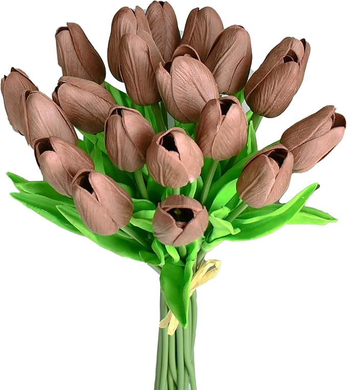 Mandy's Artificial Tulips 20 Stems Brown PU Faux Flowers for Wedding Home Decor 13.5 Inch-Ruum Studio Home