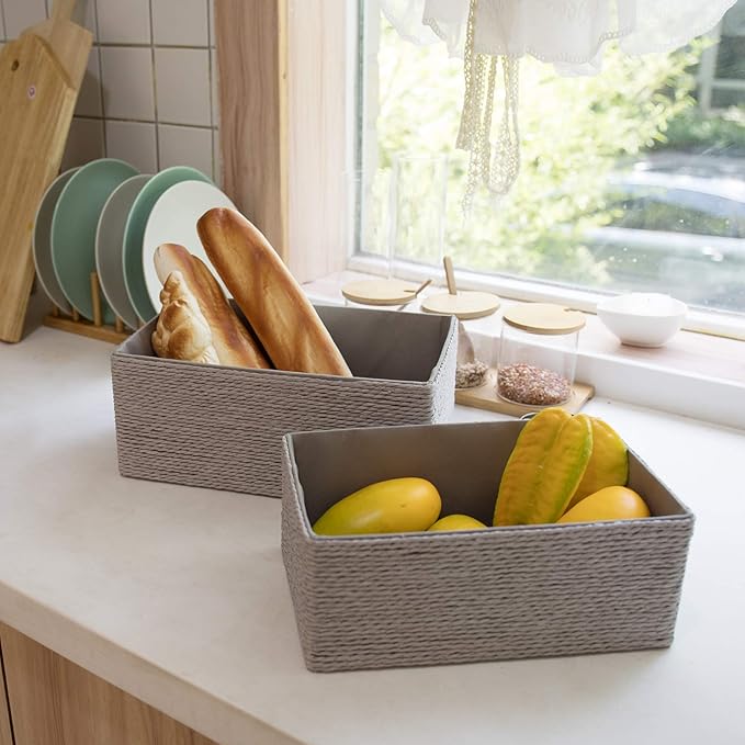 LA JOLIE MUSE Storage Baskets Set 4 - Stackable Woven Basket Paper Rope Bin, Storage Boxes for Makeup Closet Bathroom Bedroom (Gray)-Ruum Studio Home