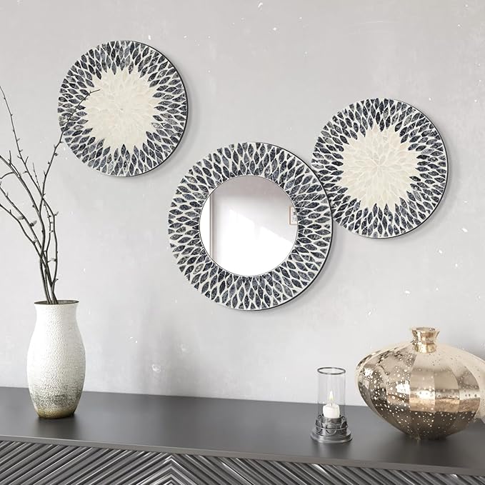 Natural Mother of Pearl Mirror Wall Decor for Bedroom Bathroom, 3PCS Geometric Wall Art Modern Home Office, Handmade Mosaic Art Circle Sculptures for Kitchen Living Dining Room (Black White)-Ruum Studio Home