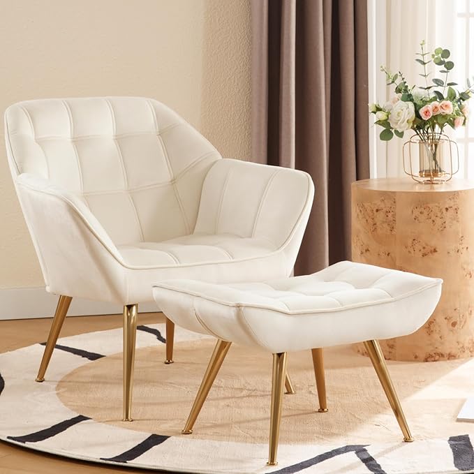 Beige Velvet Accent Chair with Ottoman ，Modern Reading Chair with Ottoman Set, Comfy Fuzzy Armchair Living Room Chair Lounge Chair with Metal Legs for Small Spaces Bedroom Apartment-Ruum Studio Home