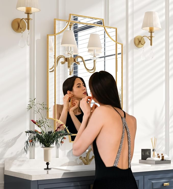 Kelly Miller Gold Bathroom Mirror for Wall, 24"x36" Large Decorative Mirror Gold Wall Mirror Vanity Mirror Beveled Wall Decor for Master Bath Half Bath Living Room Bedroom Fireplace Mantle Entryway-Ruum Studio Home