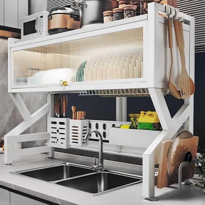 Kitchen sink rack dishwashing sink countertop dustproof cupboard storage multifunctional tableware storage drain rack double layer,KeepKitchen Sink Shlef Organized Space-Saving(White,95cm/37.4in)-Ruum Studio Home