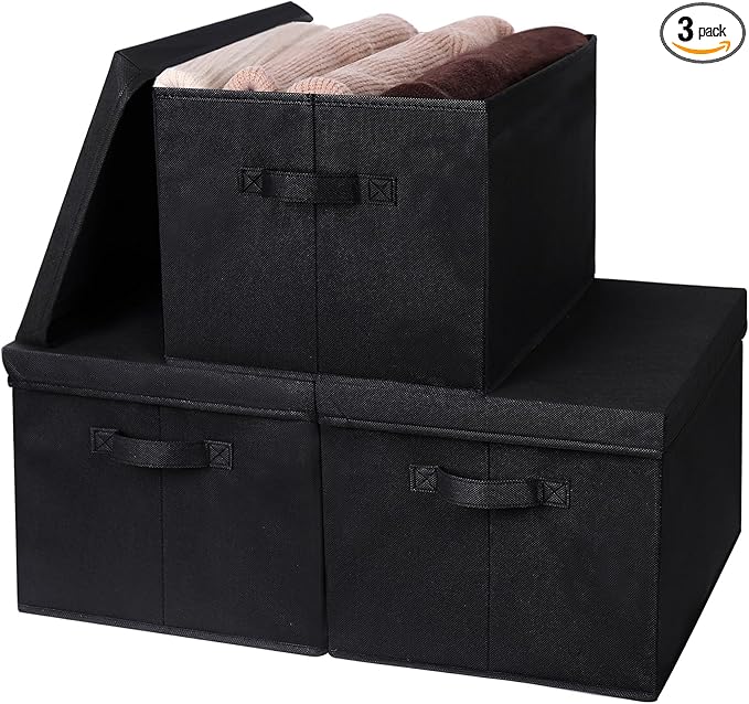 WUIKE Closet Storage Bins with Lids, Foldable Fabric Clothes Storage Bins for Organizing, Closet Organizer Boxes for Shelves, Black, Extra Large, 3-Pack-Ruum Studio Home