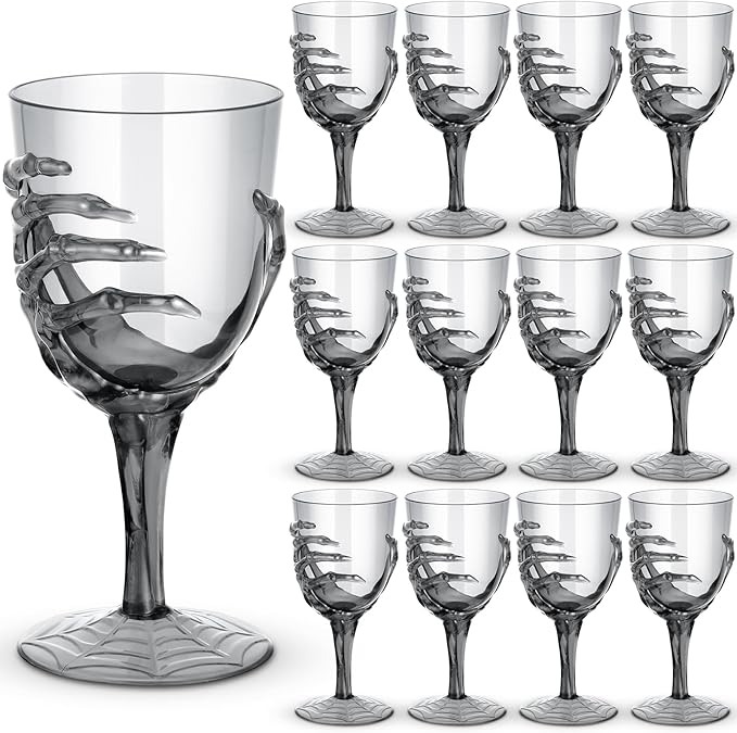 Dandat 12 Pcs Halloween Skeleton Hand Goblets 12oz Clear Plastic Halloween Cups Skull Wine Glass Set for Creepy Spooky Party Decorations (Black)-Ruum Studio Home