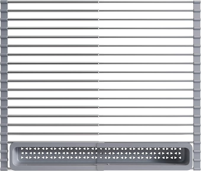 Over The Sink Dish Drying Rack for Kitchen, Expandable (12.8"-23.8" D x 15.5" W) Roll Up Dish Drainer with The Function of Fordable, Rust Proof, Large Sink Cover with Removable Utensil Holder-Ruum Studio Home
