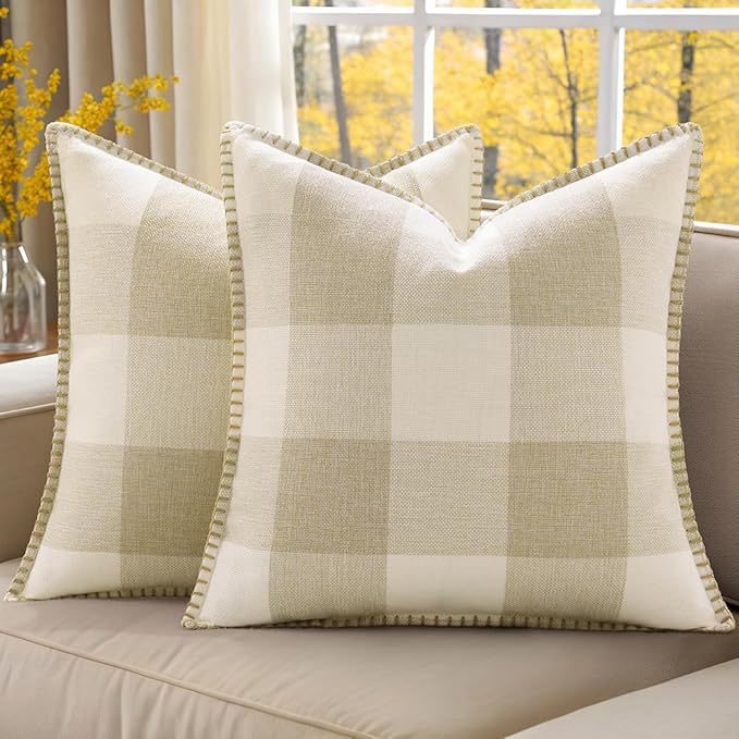 decorUhome Buffalo Plaid Check Fall Throw Pillow Covers 16x16 Set of 2, Outdoor Decorative Farmhouse Pillow Covers with Stitched Edge for Bed Couch Sofa, Cream White and Beige-Ruum Studio Home
