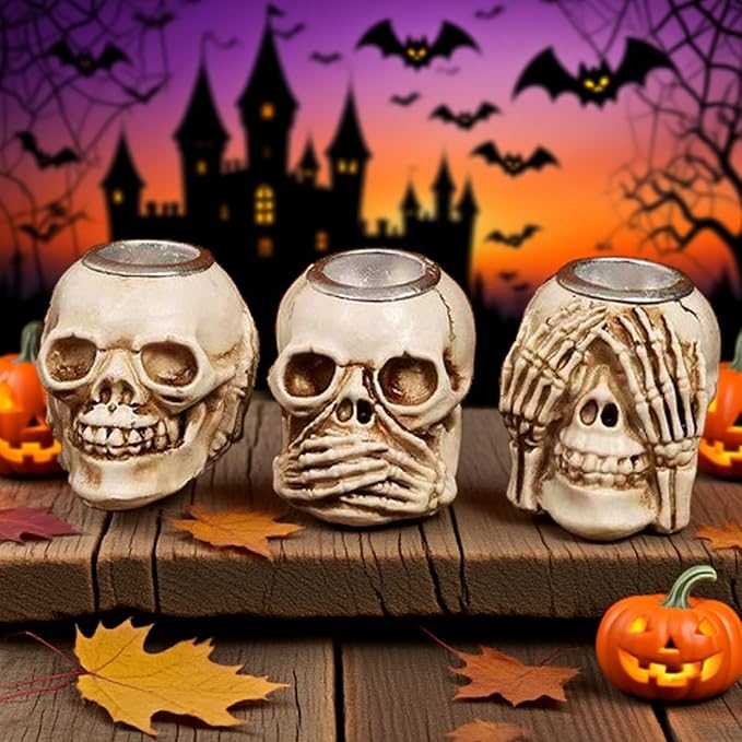 Halloween Skull Candle Holder, Skeleton Head Candlestick Holders Table Decor Centerpiece Candlesticks, Resin Horrible Spooky Creepy Crafts for Flameless Candle Halloween Christmas Home Party, Set of 3-Ruum Studio Home