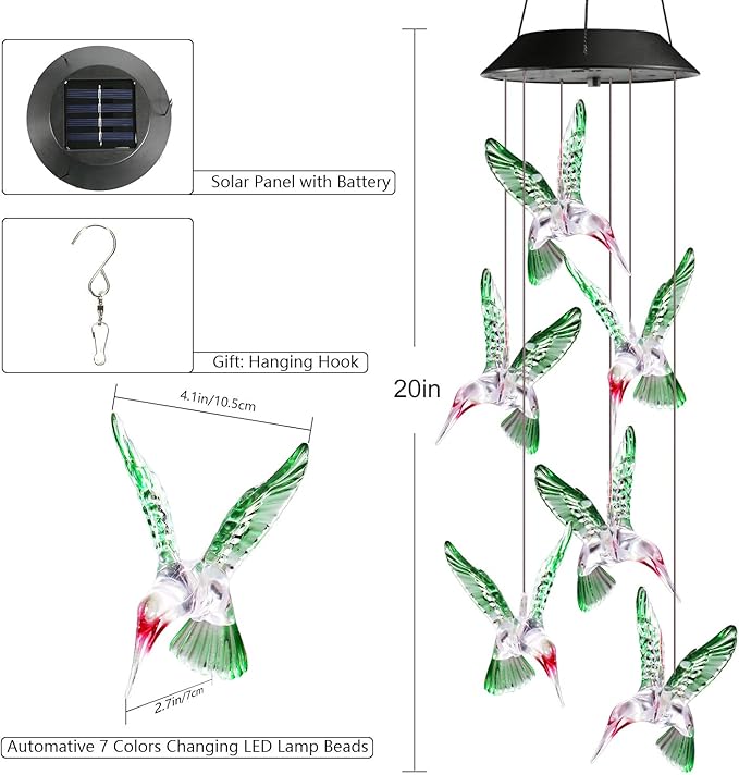 Toodour Solar Wind Chime, Color Changing Wind Chimes Hummingbird, LED Decorative Mobile, Gifts for Mom Grandma, Waterproof Outdoor Decorative Lights for Garden, Patio, Yard, Window Outdoor Decor-Ruum Studio Home