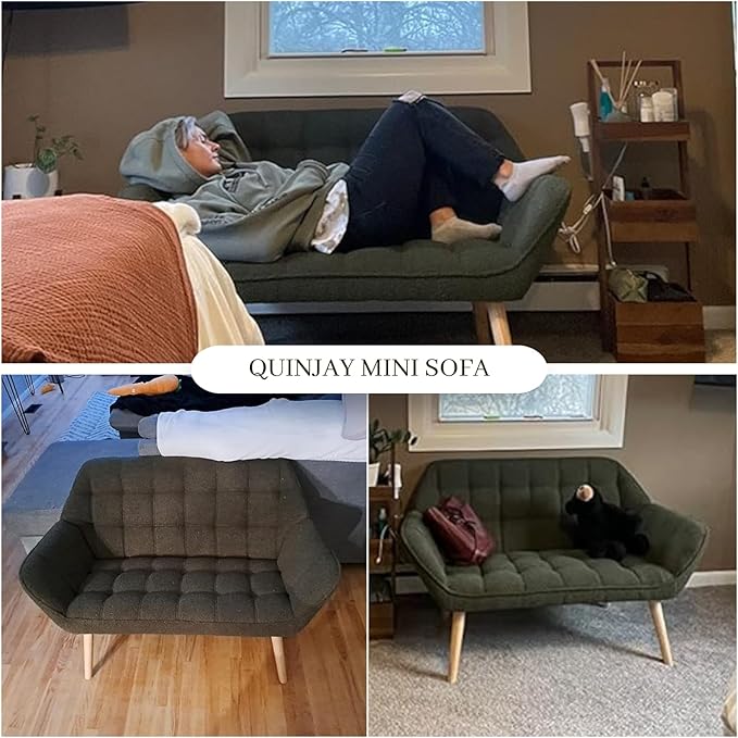 48" Small Loveseat Sofa, Modern Sherpa Mini Sofa Couch 2-Seater Fluffy Love Seat with Quilting Backs and Wood Legs for Living Room, Bedroom and Small Space, Green-Ruum Studio Home