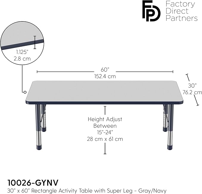 FDP Rectangle Activity School and Classroom Kids Table (30 x 60 inch), Toddler Legs, Adjustable Height 15-24 inches - Gray Top and Navy Edge-Ruum Studio Home