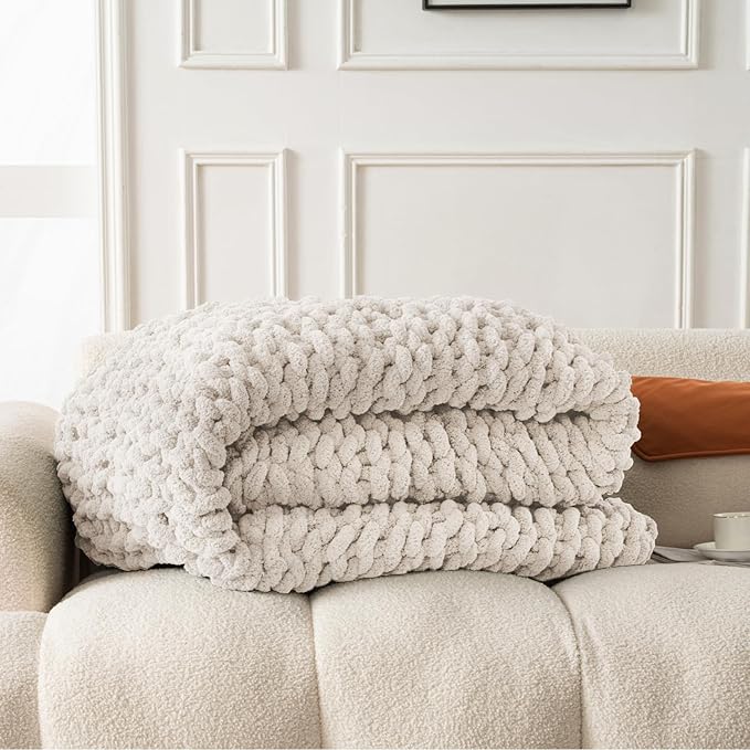 Ultra Soft Chunky Knit Blanket Throw -50x60 Hand Knitted Warm Chenille Throw Blanket, Home Decor Soft Thick Yarn Cable Knit Blanket Breathable Fleece Banket Christmas for Couch Bed Sofa Best GIF Gift-Ruum Studio Home