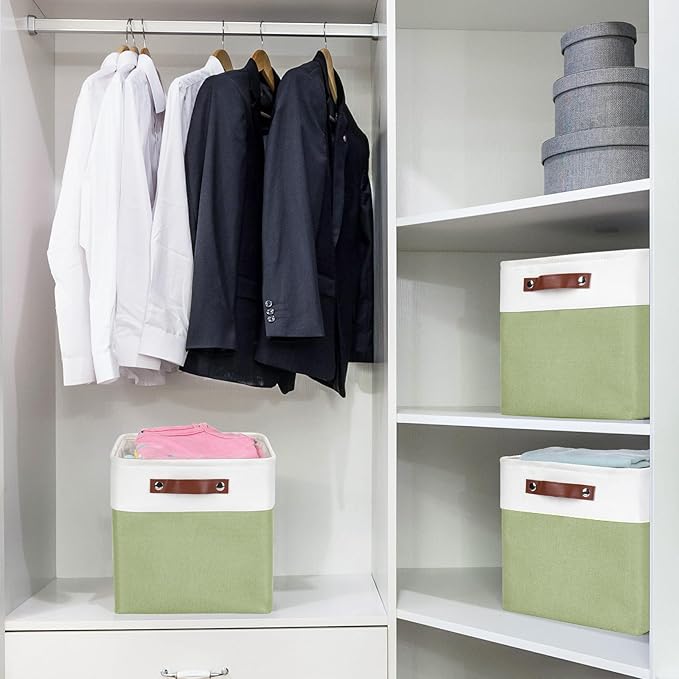 Collapsible Fabric Storage Cubes 11x11 Cube Storage Bins, 4 Pack Closet Baskets Box with Handles for Organizing, Shelf, Toys, Clothes, Home, Office, Nursery (Green&White)-Ruum Studio Home