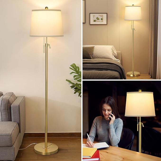 Gold Floor Lamp for Living Room, Tall Standing Lamp 55-65" Adjustable Modern Brass Floor Lamps for Bedroom Reading Office Kids 3 Color Lights Corner Night Stand (9W LED Bulb, White Shade)-Ruum Studio Home