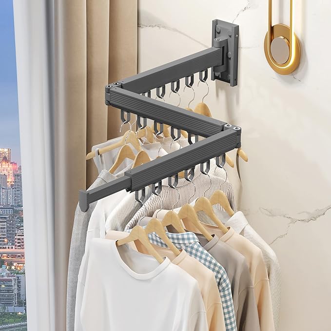 Wall Mounted Clothes Drying Rack - Foldable, Retractable Laundry Hanger with Grey-Rings-Ruum Studio Home