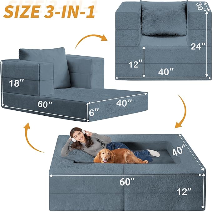Folding Bean Bag Chair for Adults,3-in-1 Bean Bag Couch Faux Fur Floor Sofa Large Beanbag Convertible Bean Bag Sofa Bed with Pillow in Bedroom,Living Room,Apartment(Twin,Gray)-Ruum Studio Home