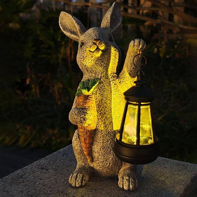 Garden Statues Rabbit Solar Lantern Outdoor Handmade Resin Statue Bunny with Cute Carrot for Patio, Yard,Mother's Day Gift Ideas (rabbit1)-Ruum Studio Home